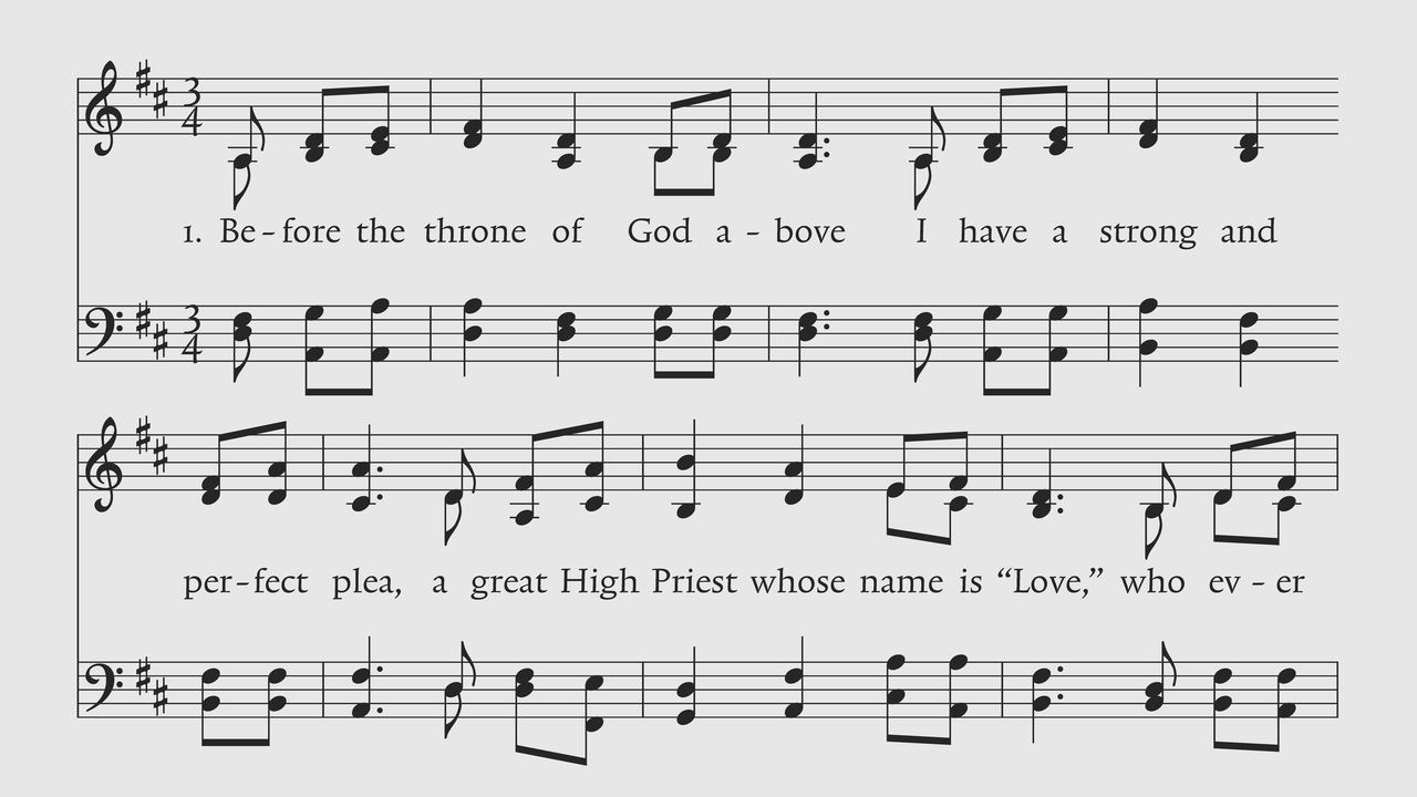 Hymnal slide: verse 1 of Before the Throne of God Above, with SATB notation